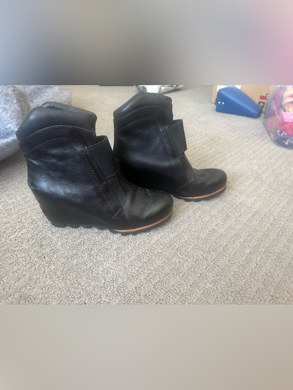 Sorel Black Leather Wedge Ankle Boots